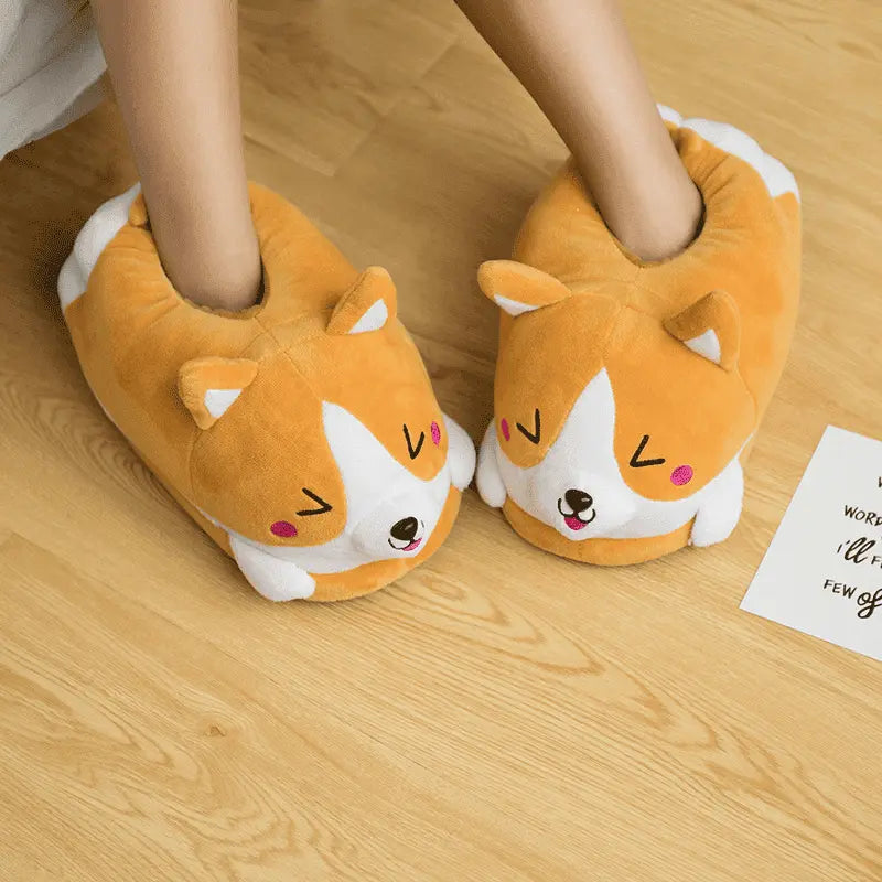 Image Chaussons Corgi Kawaii Content portés de face